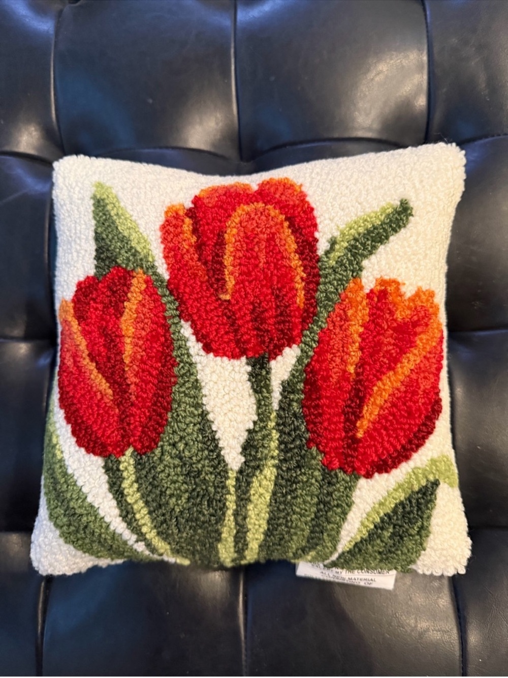 Red Tulip Hooked Pillow - Floral Accent Cushion